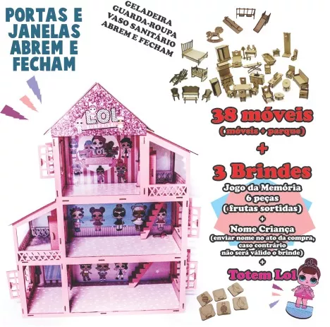 Casa De 60 Cm P/ Bonecas Com 44 Móveis + Nome Da Criança