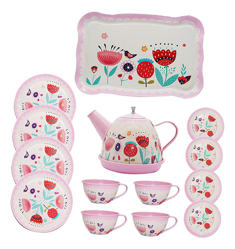 Kids Tea Set Metal Teapot Cups Dishes Afternoon Tea Playset