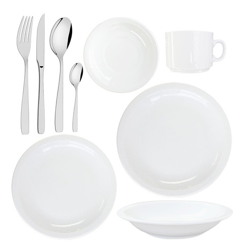 Set Vajilla + Cubiertos Porcelana Blanca Tsuji + Rayado