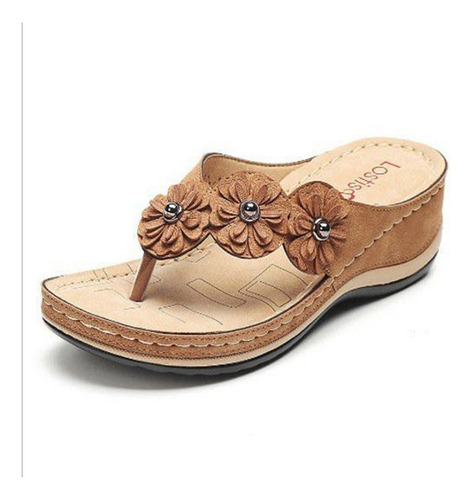 Sandalias De Cuña Planas Florales Retro Hechas A Mano Mujer