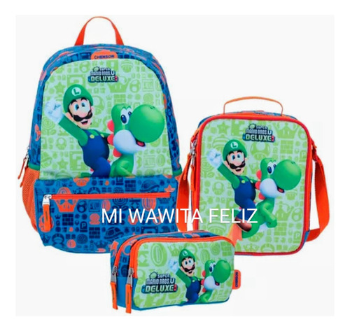 Pack Mochila Lonchera Y Cartuchera Luigi Mario Bros Chenson