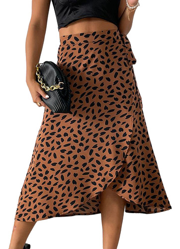 Falda Midi Con Estampado De Leopardo Para Mujer, Con Estampa