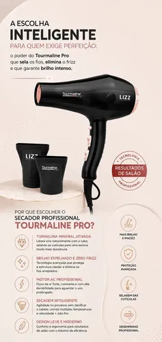 Secador Tourmaline Pro 2150w Íons Profissional Lizz | Frete grátis