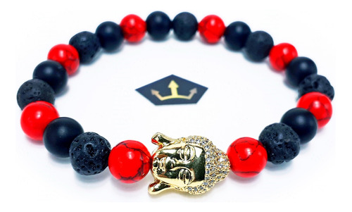 Pulsera Hombre Buda Dorado Ojo Tigre Howlita Roja Volcánica