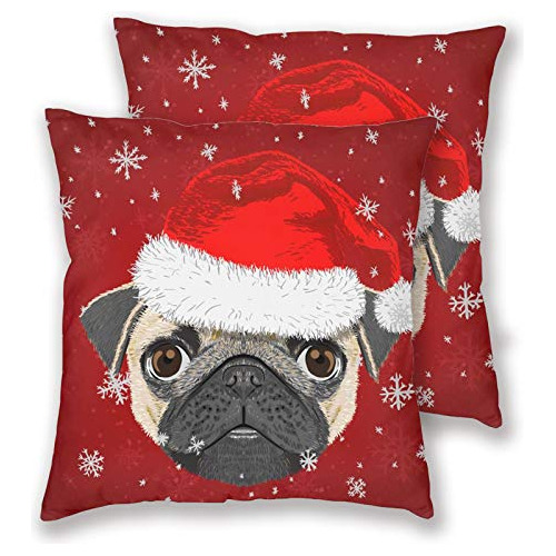 Fundas De Almohada Juego De 2 Perro Pug Feliz Navidad C...