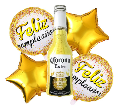 Kit 5 Globos Cerveza Corona Estrellas Feliz Cumpleaños