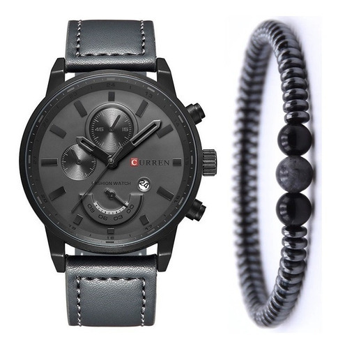 Kit Relógio de pulso  Curren Gray com corpo preto,  analógico, para masculino, fundo  cinza, com correia de couro sintético cor cinza, bisel cor preto e fivela simples + Pulseira Bolinha