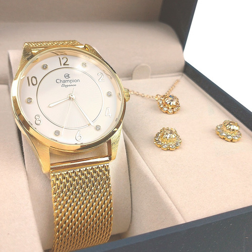 Relógio Feminino Lindo Elegance Clássico Dourado Champion Cor do fundo Branco
