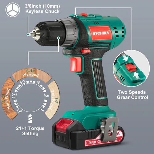 Taladro Inalámbrico Hychika 20 V Con 2 Baterías Y 22 Accesor