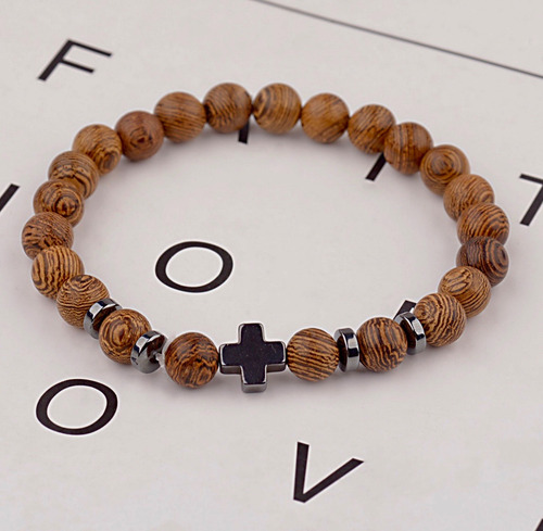 Pulsera De Piedra Natural Con Cruz Acero Brazalete Ajustable Café 17.5 Cm 17.5 Cm