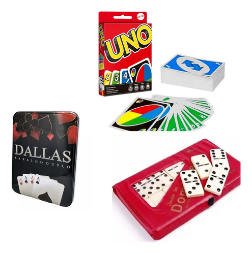 Kit 3 Jogos Baralho Dominó Uno Original Viagem Crianças