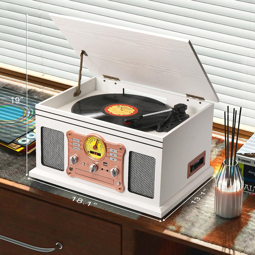 Tocadiscos Bluetooth Vintage 10 En 1 Madera Blanca