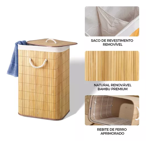 Cesto Roupa Suja Bambu Dobrável Retangular Desmontável Banheiro Lavanderia  Natural