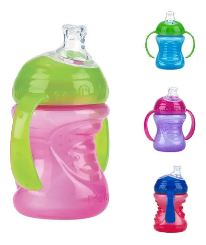 Copo Transição Silicone Antivazamento 240ml Alça Rosa e Verde Nuby