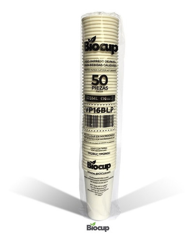 Vaso Ecológico De Papel 16 Oz Blanco Biocup, Reciclable 100%