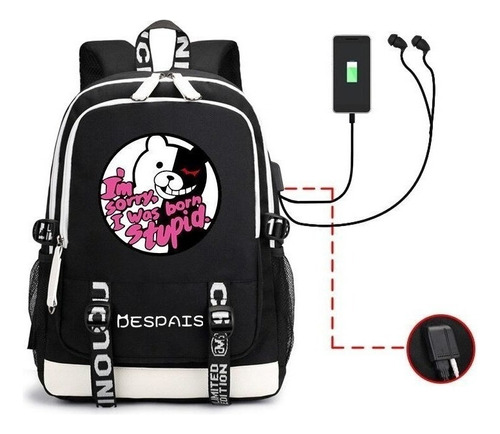 Cvz Mochila Danganronpa Cute Bear Print Usb Solid Charge Bla