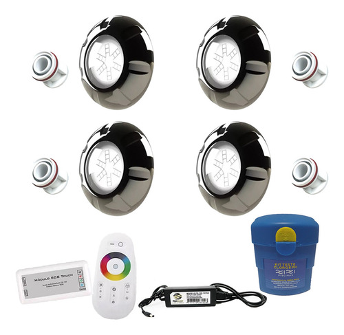 Kit Iluminação Piscina 50mm 64m² - 4 Leds 9w Inox + Comando