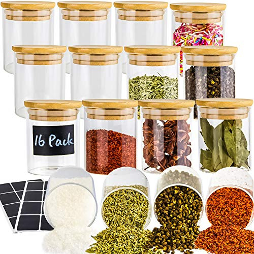 16 Pack Glass Jars With Lids, Airtight Bamboo Lids Spic...