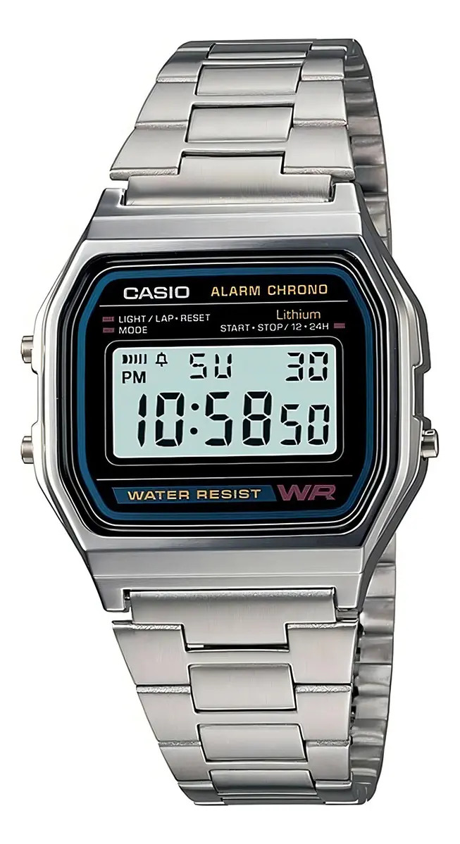 Reloj Casio Hombre A-158wa Vintage Luz Correa Autoajustable Malla Plateado Bisel Gris Fondo P