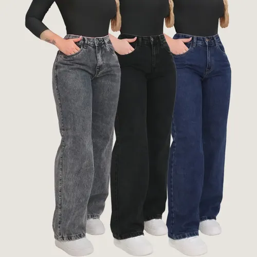 Kit 3 Calça Jeans Wide Leg Pantalona Cintura Alta Jeans