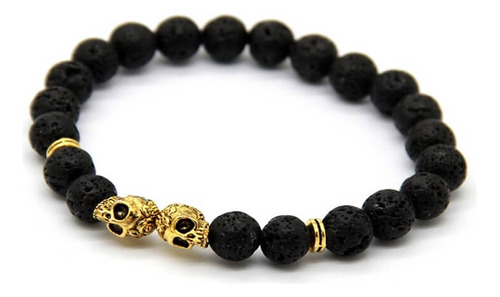 Pulseira Masculina Pedra Lava Vulcânica Caveiras Gêmeas