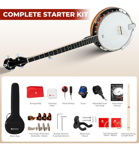 Banjo Vangoa Vbj-50 De 5 Cuerdas De Tamaño Completo Con Kit
