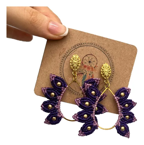 Aros De Macramé Con Base Bañada En Oro Colgantes