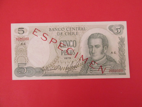 Gran Billete Chile 5 Pesos Especimen Año 1975 Unc Escaso