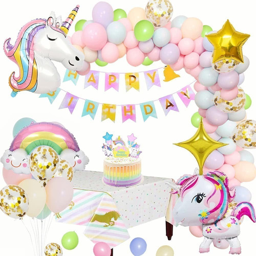 56 Kit Decoracion Fiesta Globos Cumpleaño Infantil Unicornio