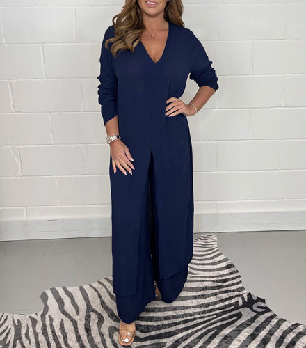 J Conjunto De Camisa Con Cuello En V Y Pantalón Para Mujer
