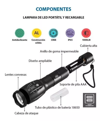 LINTERNA LED RECARGABLE CABEZA 1800 LUMENS / CREE T6 / BLACK