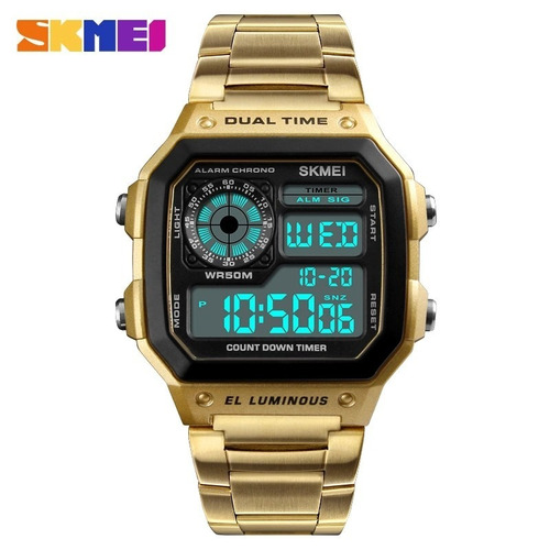 Relógio Skmei Masculino Digital Aço Inoxidável Dourado