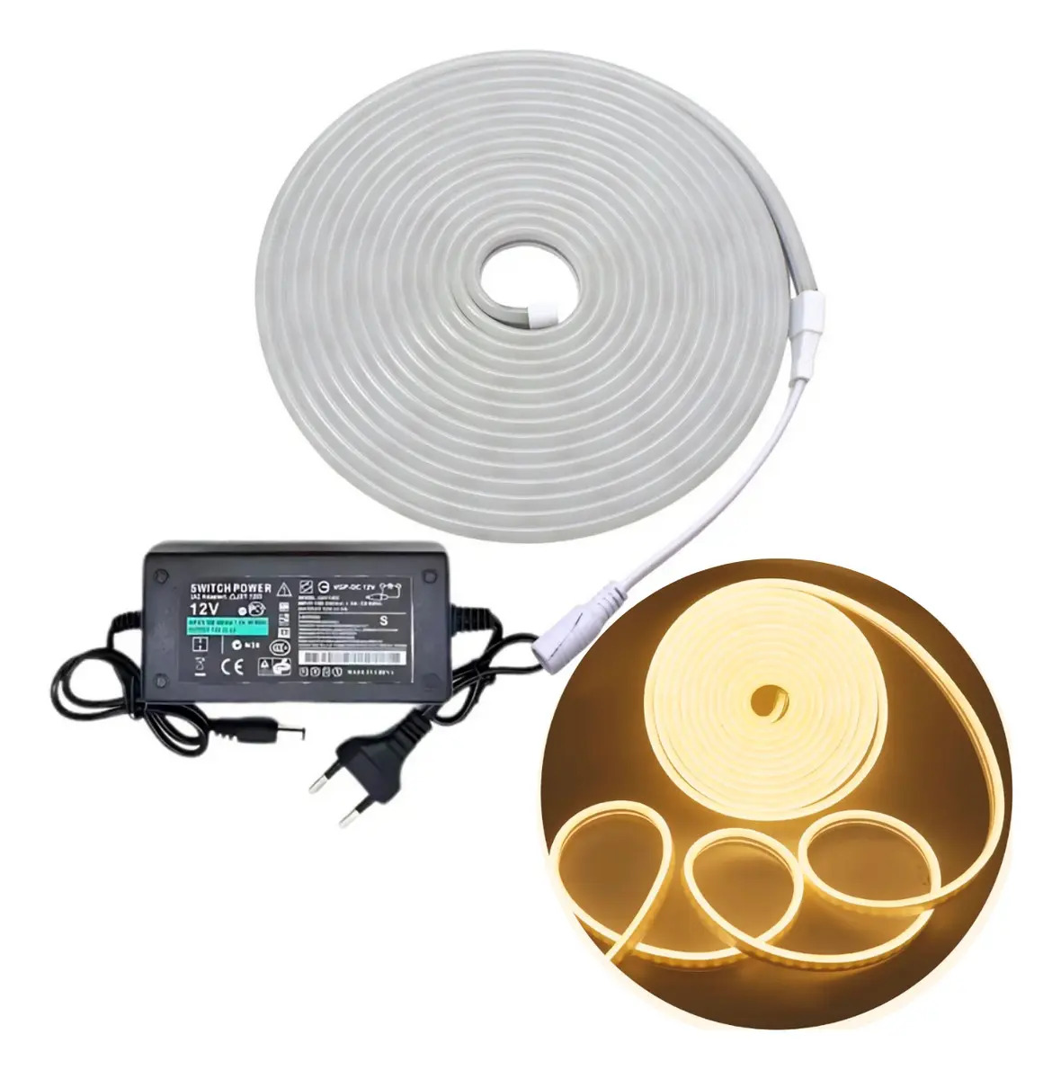 5m Mangueira Fita Led Neon Corte2,5cm Alto Brilho+ Fonte Cor da luz Branco-quente