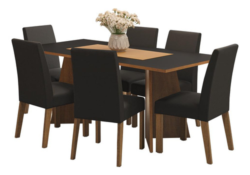 Sala Jantar Mesa Tampo Madeira 6 Cadeiras Simone Madesa Cor Rustic/Preto/Oxford Desenho do tecido das cadeiras Liso