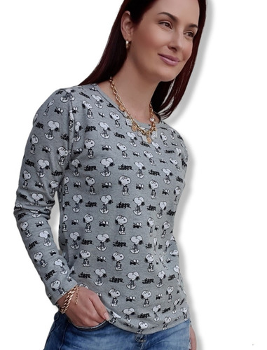 Camiseta Snoopy Manga Longa Algodão Personagem Feminina
