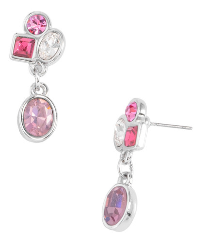 Aretes Platino Joyeria Elegante Cristal Rosa Poste Colgante