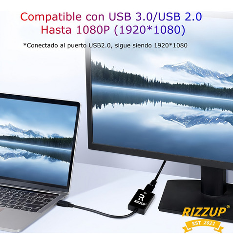 Rizzup®usb A Hdmi Adaptador Usb Gamer Convertidor Super Video A Hdmi Cable Conectores Monitor Pc Computadoras Full Hd Audio Y Video Sincronizados, Alta Calidad Gomita Usb3.0 1080p 4k