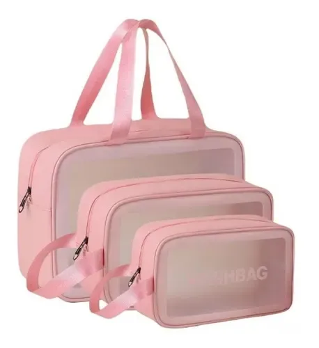 Kit3 Necessáires Feminina Maquiagem Cosméticos Viagem Praia Camping Impermeavel Loja Infor Cor Rosa - R$ 27,83