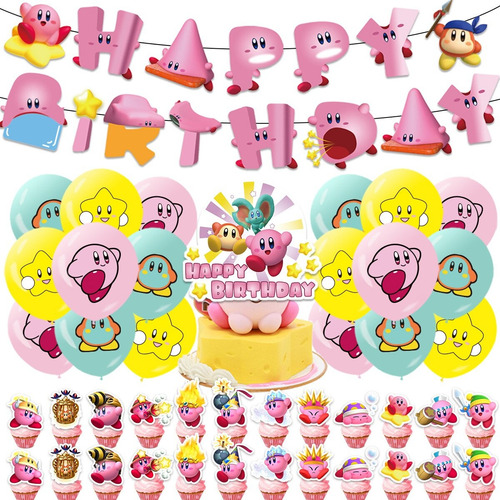 Set Cotillón Cumpleaños Kirby Globos Cupcake Guirnalda