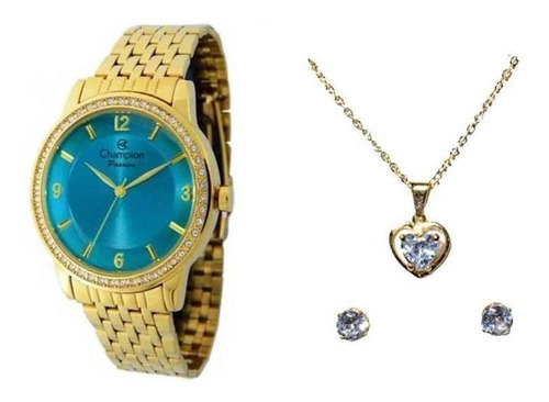 Kit Relógio Feminino Champion + Brinco E Colar Cn27947y Cor da correia Dourado Cor do fundo Azul