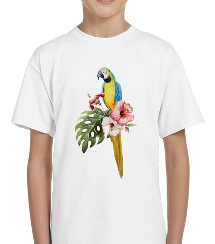 Remera De Niño Ave Guacamayo Watercolor Flor Tropical