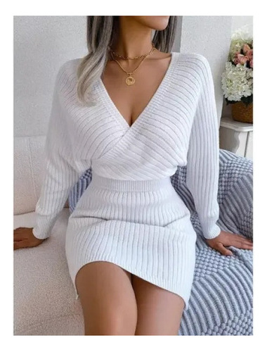 Vestido De Lana Con Cuello En V Tejido Invierno Para Mujer