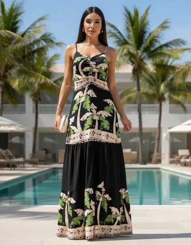 Vestido Feminino Longo Detalhe Plissado No Busto Estampado