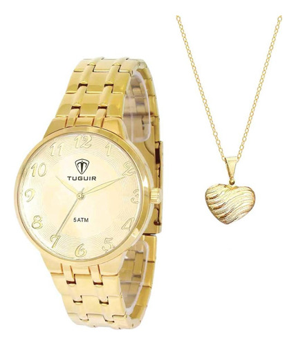 Kit Relógio Feminino Tuguir + Colar W2128tu Tg35066 Dourado Fundo Branco