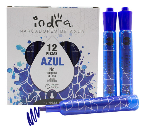Marcador Base Agua Indra Color Azul Punta Cincel 12 Piezas