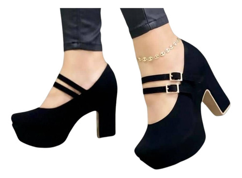 Tacones Damas 2 Hebillas Negros De Gamuza Ref. 225