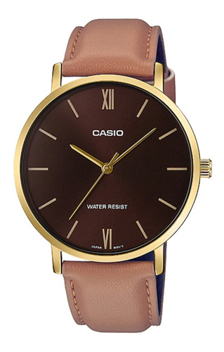 Reloj de pulsera Casio Dress MTP-VT01 de cuerpo color dorado, analógico, para hombre, fondo marrón, con correa de cuero color marrón, agujas color dorado, dial dorado, bisel color dorado y hebilla simple