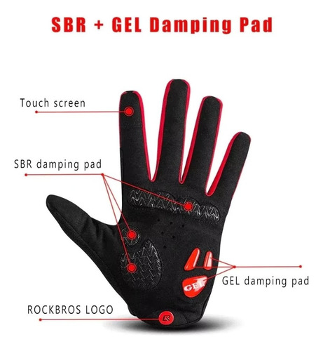 Guantes Rockbros Largos De Invierno Ciclismo Con Pads De Gel Negro Y Rojo Xl