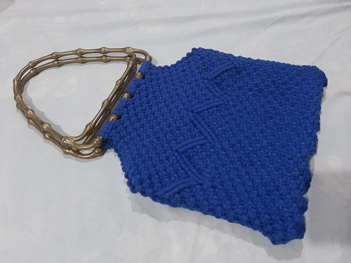 Bolsa Azul De Macramé, Tejido Artesanal Hilo 100% Algodón 