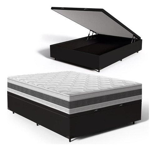 Box Baú Casal + Colchão De Espuma D45 Double Face - Anjos Cor Preto